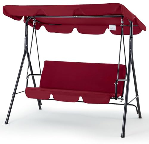 YODOLLA 3 Seater Garden Swing Chair with Adjustable Canopy - Outdoor Swing Bench for Patio/Backyard, Red