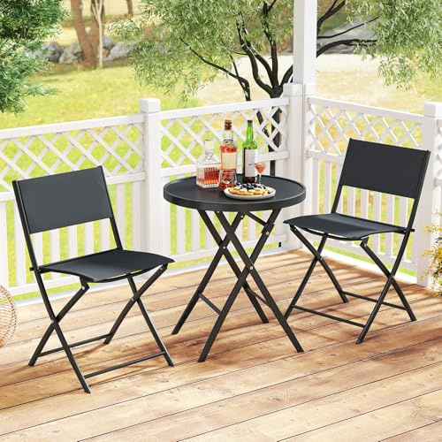 GOPLUS Salon de Jardin Exterieur 2 Personnes, Salon de Balcon Bistro avec Table en Verre Trempé et 2 Chaises, avec Cadre Métallique pour Terrasse, Jardin et Balcon (2 Personnes,Noir)
