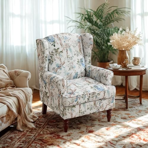 GDFStudio Modern Wingback Accent Chair with Solid Wood Legs and Cushion, Comfy Upholstered Floral Pattern Armchair, Retro Leisure Single Sofa Chair for Living Room Bedroom Home, Antique Blue 1
