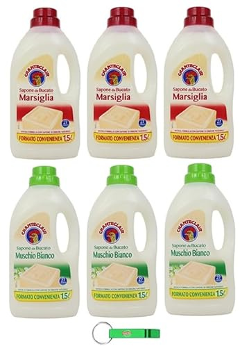 Chanteclair Detergente jabón paquete de prueba 6 x 1500 ml – Almizcle blanco + jabón de lavandería Marsella – Ideal para la limpieza suave de tejidos 27 lavados + llavero Beni Culinari gratis