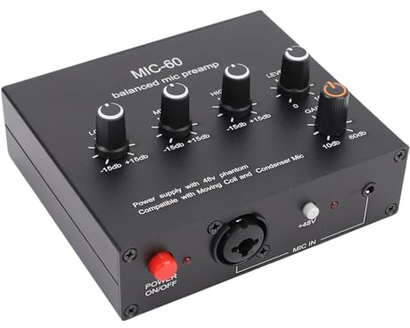 KIMISS Amplificador de Ganancia de Preamplificador de Micrófono para Micrófonos Dinámicos y de Condensador con Alimentación de 48 V, Entradas XLR Compatibles de 3,5 Mm y 6,35 Mm