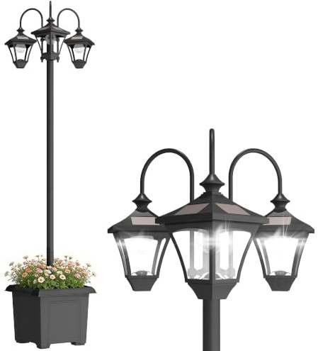 Outsunny 185 cm 3-Head Solar Lamp Post Light Waterproof LED Planter Black | Solar Light Post, Automatic On/Off, Adjustable Height, Outdoor Lamp, for Garden, Patio