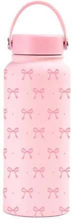 Thermosflasche mit Schleifen-Design, 32oz Trinkflasche Edelstahl Isolierte, 1L Rosa Wasserflasche Thermoskanne mit Strohhalm, Auslaufsicherer, Geburtstag Geschenk für Frauen Mädchen Teens