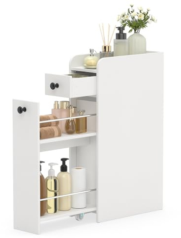 GIANTEX Badschrank 40x18x70 cm, schmaler Badezimmerschrank mit Universalrollen, Nischenschrank mit 2 Schubladen, Nischenwagen Rollschrank Holz, Aufbewahrungsschrank für Bad, Küche (Weiß)