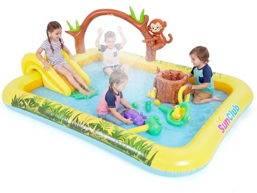 Maxmass Inflatable Water Play Center, Toddler Activity Paddling Pool with Slide, Sprinkler, Indoor Outdoor Children Swimming Pool Spray Splash Pools for Garden Backyard (Monkey-Themed)