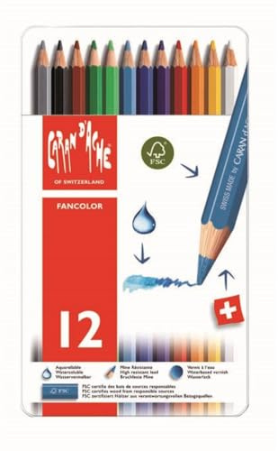 Caran D'Ache Fancolor - Scatola in metallo con 12 Matite colorate acquerellabili, colori assortiti