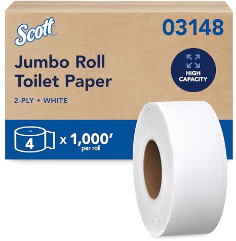 Scott Professional High-Capacity Jumbo Roll Toilet Paper, Bulk (03148), 2-Ply, Septic Safe, White, Non-Perforated, Compact for Easy Storage (4 Rolls at 1,000' Each, 4,000'/Case)