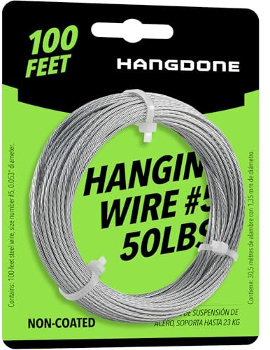 HANGDONE Picture Hanging Wire #5 – 50lbs Capacity – 100ft – 16 Gauge Non-Coated Steel | Flexible & Heavy-Duty | for Frames, Mirrors & Wall Décor