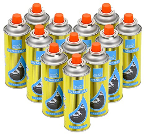 Butane Gas Bottles Canister Camping Heater Cooker BBQ - Compact and Resealable Canister - CP 250 Valve Gas Cartridge, for Bistro and Camping Outdoors Stoves (12 Bottles)