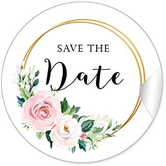 24 STICKER Save the Date Etiketten als Erinnerer mit Rosen in Rosa und zwei Ringe in Goldgelb kein Echtgold als Siegel für Briefumschläge Anhänger oder Briefe zur Hochzeit Geburtstag Taufe, 4 cm, matt
