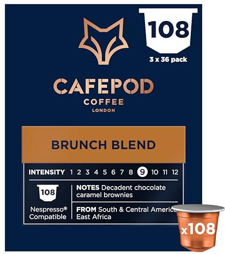 CafePod Lungo Coffee Pods - Compatible with Nespresso Coffee Machine, Intensity 9 with Chocolate Caramel Brownie Notes - Rainforest Alliance Sourced - Brunch Blend 108 Capsules