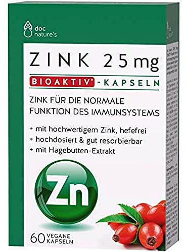 doc nature’s Zink 25mg Bioaktiv Kapseln 60 Stück - Nahrungsergänzung mit essentiellen Spurenelementen - Zink hochdosiert - Vitamin C - Unterstützung des Immunsystems - vegan