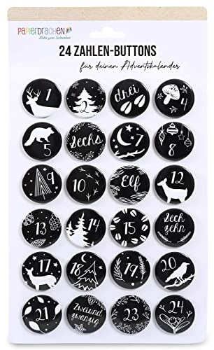 Papierdrachen Adventskalender 2025 - Zahlen-Buttons 35 mm (24 St.) in Schwarz-Weiß - Anstecknadeln zum Dekorieren von Stoffbeuteln & Tüten