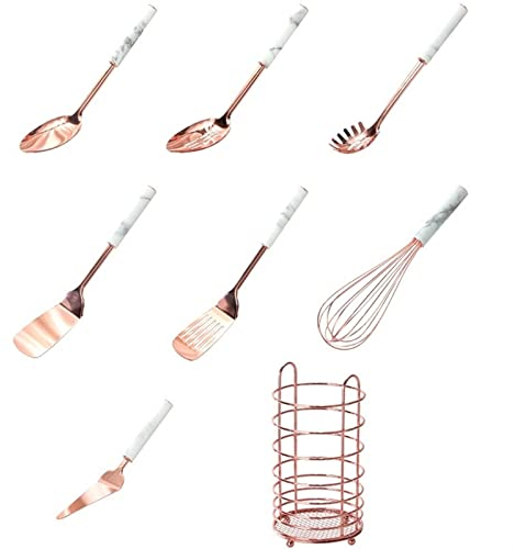 Utensilios de cocina Juego de utensilios de cocina de oro rosa, con utensilios de cocina modernos Cuchara agitadora antiadherente Espátula Turner Utensilios de cocina de acero Utensilios de cocina