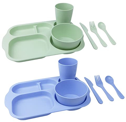 Greenandlife 12 Pcs Reusable Plastic Plates and Bowls Set for Plate, Bowl, Cup, Fork, Spoon, Knife,Microwave & Dishwasher Safe (Blue+Green)