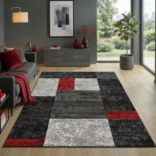 Carpetsale24 Teppich 140x200 cm Kurzflor Konturenschnitt in Schwarz Grau Rot Kariertes Design, Waschbar, Pflegeleicht, Extra Weich Für Wohnzimmer, Schlafzimmer, Esszimmer