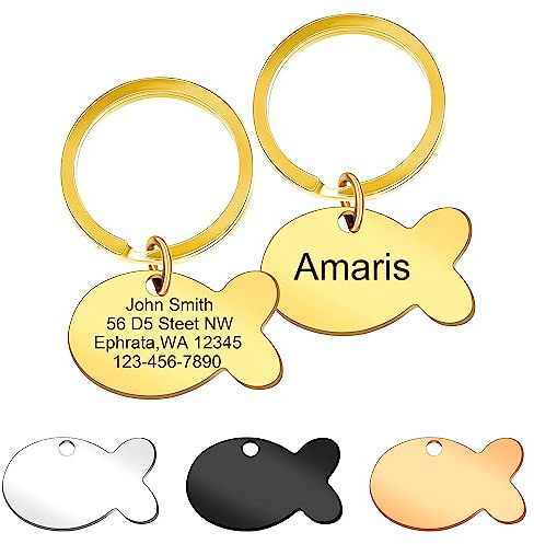 Namensschild für Katzen aus Edelstahl, personalisierbar mit Gravur, für Katzen und Hunde (normale Größe, Fisch-Design)