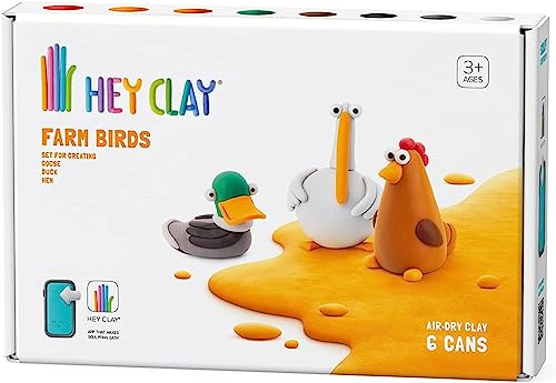 Hey Clay Farm Birds Ente, Goose, Hen, bunt, für Kinder, 15 Dosen luftgetrockneter Ton und Modellierwerkzeuge mit lustigen, interaktiven Anleitungen