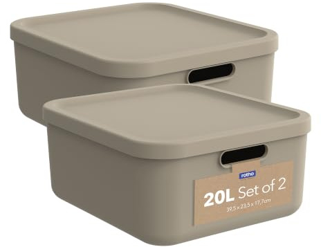 Rotho Albula Aufbewahrungsbox mit Deckel 2er-Set 20 L stapelbare Box Beige | Aufbewahrungsboxen, sicher verschließbar, zwei offene Griffe, platzsparend stapelbar, nestbar, aus recyceltem Kunststoff