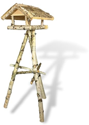 GARTENETAGE Vogelhaus Birke Mit Ständer und Reetdach - Wetterfestes und Stabiles Vogelfutterhaus - Robustes Vogelhäuschen für Ihren Garten