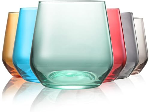 LUXULISH Colored Stemless Wine Glasses Set of 6, Hand Blown Premium Crystal Red White Wine Glass - 15Oz, Unique Gifts for Women, Men, Wedding, Anniversary, Christmas, Birthday