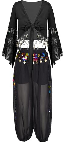Freebily Damen Bauchtanz Kostüm Indische Tanzkleider Puffärmel Münzen Bauchtanz Oberteile Pluderhosen Rock Belly Dance Outfit Schwarz_A 3XL