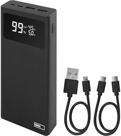 EMOS - Batería externa de 20.000 mAh, 22,5 W de carga rápida, con pantalla y pasaporte, 3 salidas para smartphone, tablet y dispositivos móviles, cable USB-C incluido - Negro