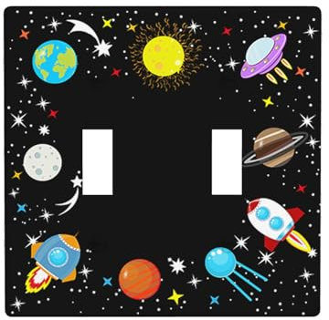 Moslion Sun Moon Earth Planets Double Toggle Light Switch Plate Outer Space Galaxy Universe Rocket Stars 2-Gang Wall Plate Device Mount Plug Cover Home Decor Bedroom