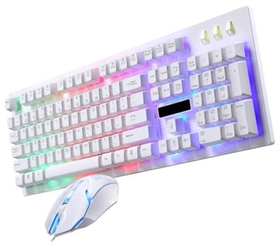 Uonlytech Clavier et Souris Gamer Mécaniques de Jeu Lumineux Fil, Ensemble Ergonomique en Plastique Blanc, pour Gaming la Maison Café