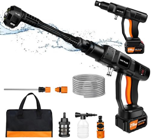 VickyHome Hochdruckreiniger Mit Akku, 21V Akku Hochdruckreiniger Max 45BAR Mini Hochdruckreiniger Mit 2 Akku 3000mAh, 6-In-1 Multifunktionale Düse, 300ML Wassertank
