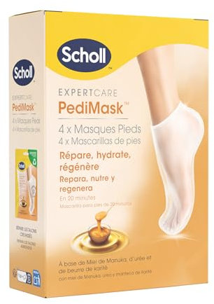 Scholl ExpertCare - Maschera per piedi per piedi, confezione da 4 paia - Piedi più morbidi e lisci in 1 uso - Idratazione intensa con miele di Manuka, urea e burro di karitè - Idrata e ripara la pelle