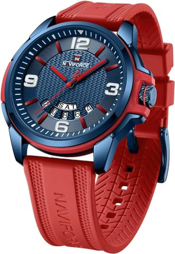 NAVIFORCE Orologio impermeabile per uomo e donna, orologio analogico automatico con data, militare, sportivo, unisex, cinturino in silicone, rosso e blu., Cinturino