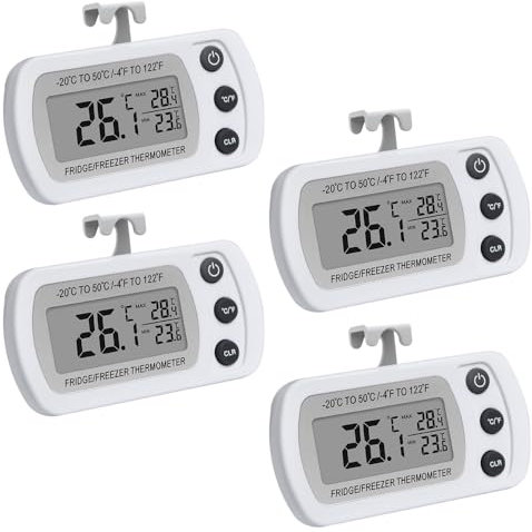 XEERUN Fridge Thermometer Digital, 4 Pack, Refrigerator & Freezer, Min/Max °C/°F, Large LCD Display, Hook & Magnet, Aquarium