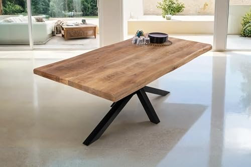 SAM Esstisch Cali | 220 x 100 cm | Mangoholz | Farbe: Natur/rau | Spider-Gestell Metall Schwarz | Massivholz mit echter Baumkante | pflegeleichter Baumkantentisch/Esszimmertisch