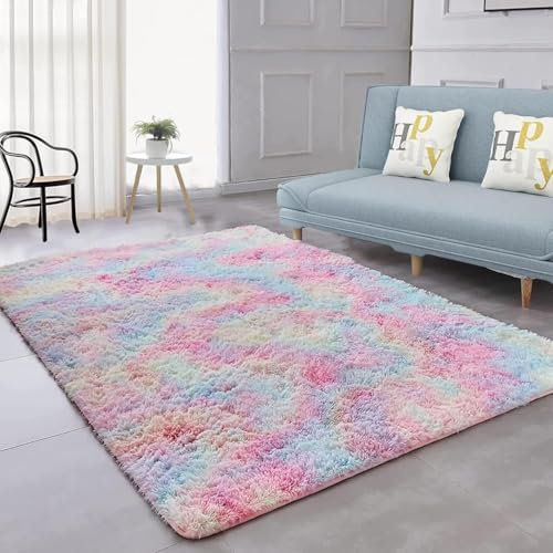 Shaggy Hochflor Teppich, Wohnzimmer Carpet - Anti-Rutsch Unterseite Soft Area Rug Fellteppich, für Küche oder Kinderzimmer, Schlafzimmer, Bettvorleger Flur Bodenmatte Regenbogenfarben (160 * 230cm)