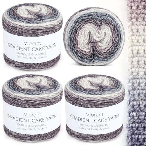 Aeelike 400 g (4 x 100 g) virkgarn, bomull för stickning, hållbart amigurumiset 100 % polyakryl bomullsgarn, tårtlinje med lila-grå gradient 1161