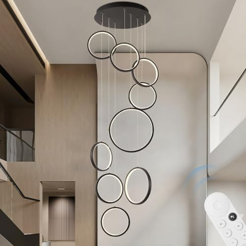 AHQX LED Pendelleuchte rund Treppenhaus lang Pendelleuchte Helligkeit Farbtemperatur einstellbar Schwarze Hängelampe rund höhenverstellbar Geeignet für Wohnzimmer Foyer Villa Hotel(9heads)