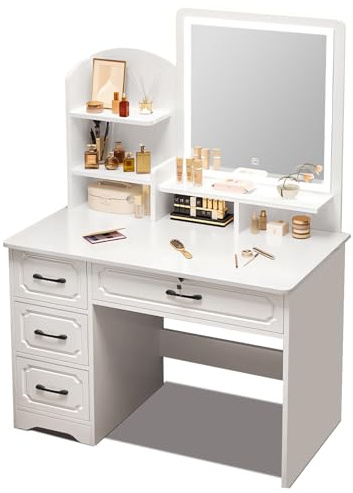 Schminktisch Mit Schubladen,3 Beleuchtungsmodi Frisiertisch, Schminktisch Mit Spiegel Und LED-Leuchten，Schminktisch-Set Mit Schubladen &Amp; Offenem Regal (132 * 37 * 80CM)