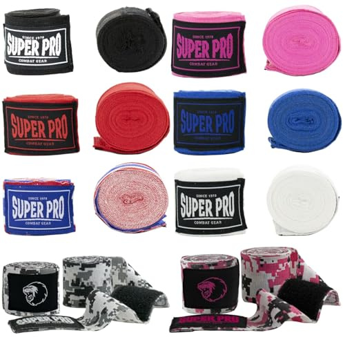 Super Pro Combat Gear Handbandagen in 2,50m und 4,50m Länge - Halbelastische Boxbandagen für MMA Boxen Muay Thai Wickelbandagen (Schwarz, 450cm)