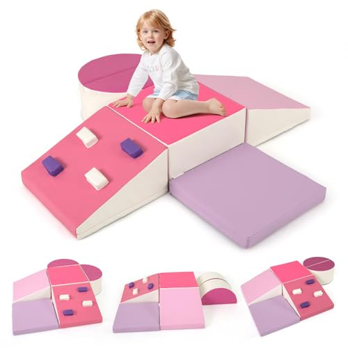 COSTWAY 6 TLG. Schamstoff Bausteine Kinder, Softbausteine mit Kletterfelsen zum Klettern & Krabbeln, Riesenbausteine aus Schaumstoff, Großbausteine Kletterblöcke für Innenbereich (Rosa)