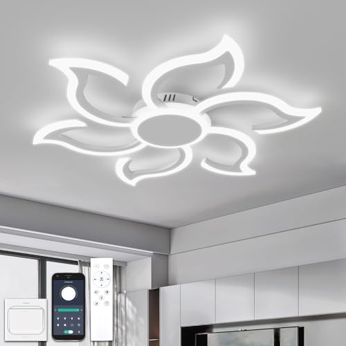 YOLEDY Wohnzimmer Lampe Decke mit Fernbedienung, Φ88cm Schlafzimmerlampe Modernes Blumen Design, Dimmbar, Memory Funktion, Led Deckenleuchte für Schlafzimmer, Weiß