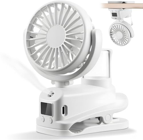 Ventilador usb Silencioso Pinza con Pantalla LED, Ventiladors Sobremesao con Spray de Agua, 4 Velocidades Ventilador Recargable, Ventilador pinza para Dormitorio Oficina Coche Camping Cochecito Blanco