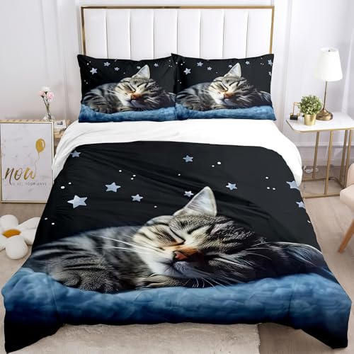 IUNTWEIE Copripiumino gatto singolo, Gatto 3D Biancheria da Letto Per Bambini E Adulti 1 Copripiumino 135 x 200 cm + 2 federe 50 x 75 cm (gatto 7,135x200cm)