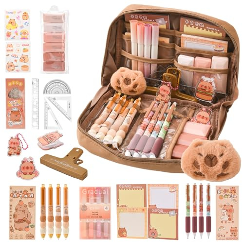 LTFIOON Kit de Fournitures Scolaires Capybara avec Trousse – Set Cadeau Mignon pour Enfants & Écoliers, Inclut Stylos, Clips, Règles – Organisé pour École, Bureau, Art