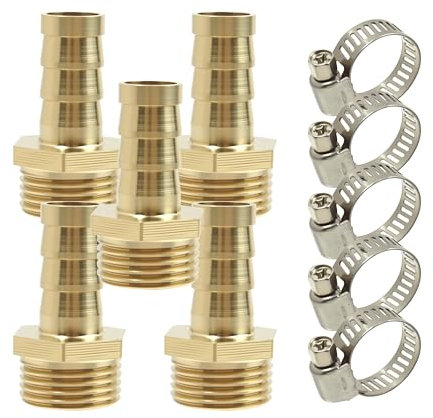Lot de 5 raccords cannelés 3/8 BSP mâle x 10 mm avec 5 colliers de serrage, raccords de Compression de Tuyau en Laiton