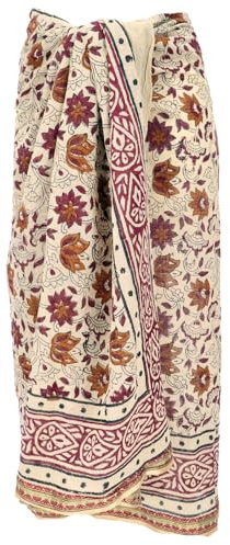 Lätt pareo halsduk, handtryckt bomullstyg, lungi, senap/beige, beige/röd, one size