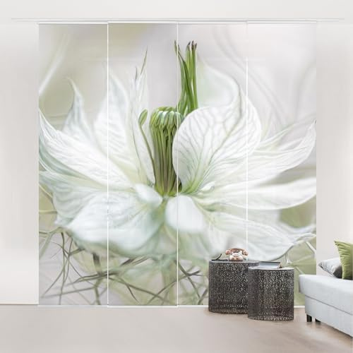 micasia Schiebegardine halbtransparent 60er Paneel Klett Blumen Textil lichtdurchlässig - Motiv Modern Flächenvorhang Weiss Wohnzimmer Schlafzimmer 1758 (240x250 cm - 4er Set)