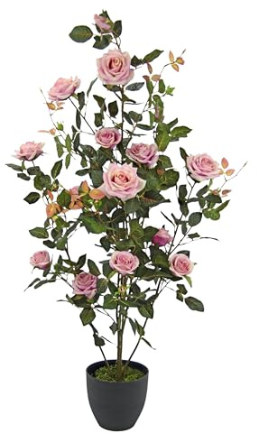 Künstlicher Rosenbusch im Topf 115 cm – Große Kunstpflanze mit Rosa Rosenblüten – Edler Kunst Rosenstrauch für Wohnzimmer, Flur, Büro, Balkon & Terrasse – Pflegeleichte Deko Pflanze im Landhausstil