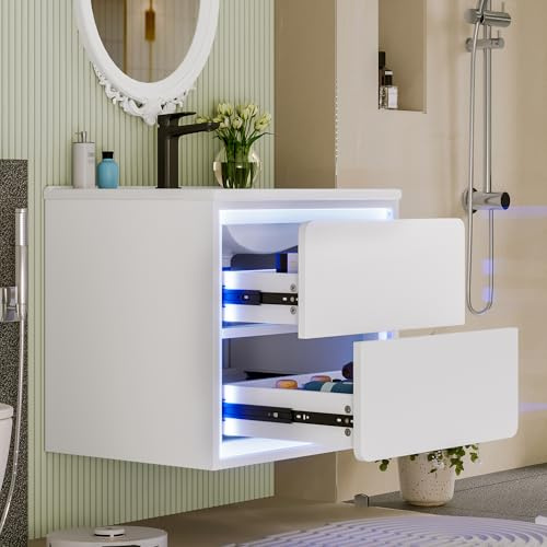 Easexcy 60x46x50cm Mobile bagno a parete per bagno, illuminazione a sensore radar LED, due cassetti, guide silenziose, lavabo, lavandino integrato, bianco (60x46x50cm)
