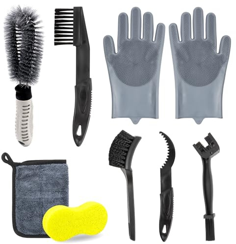Fahrrad Reinigungsset,9 Stück Fahrrad kettenreiniger,Fahrrad Reinigungsbürsten Set Handschuhe, Bürste, Autoreinigungstuch, Wabenschwamm für alle Arten von Fahrrad- und Motorradketten